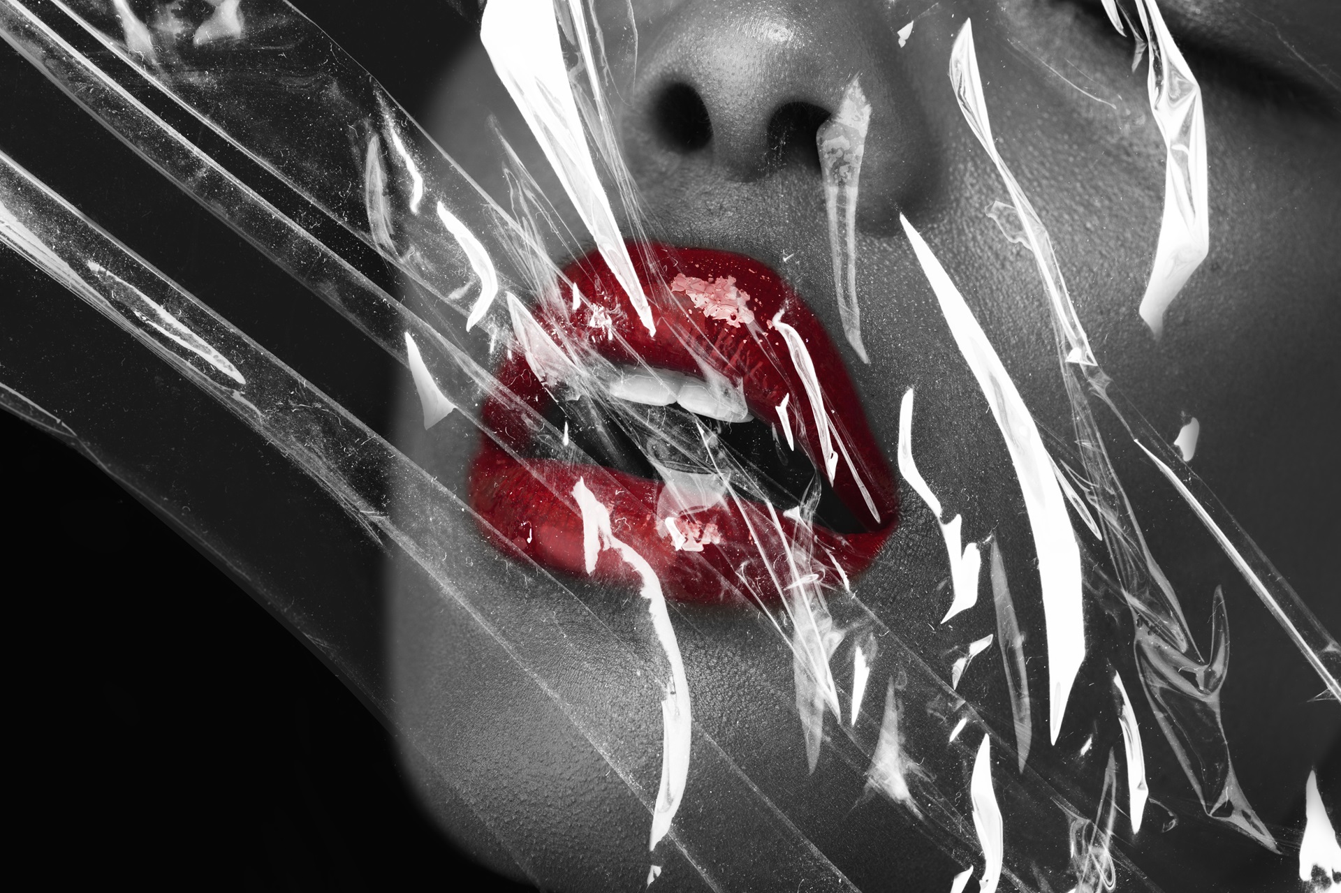 Beautiful woman behind a plastic wrap wallpaper background